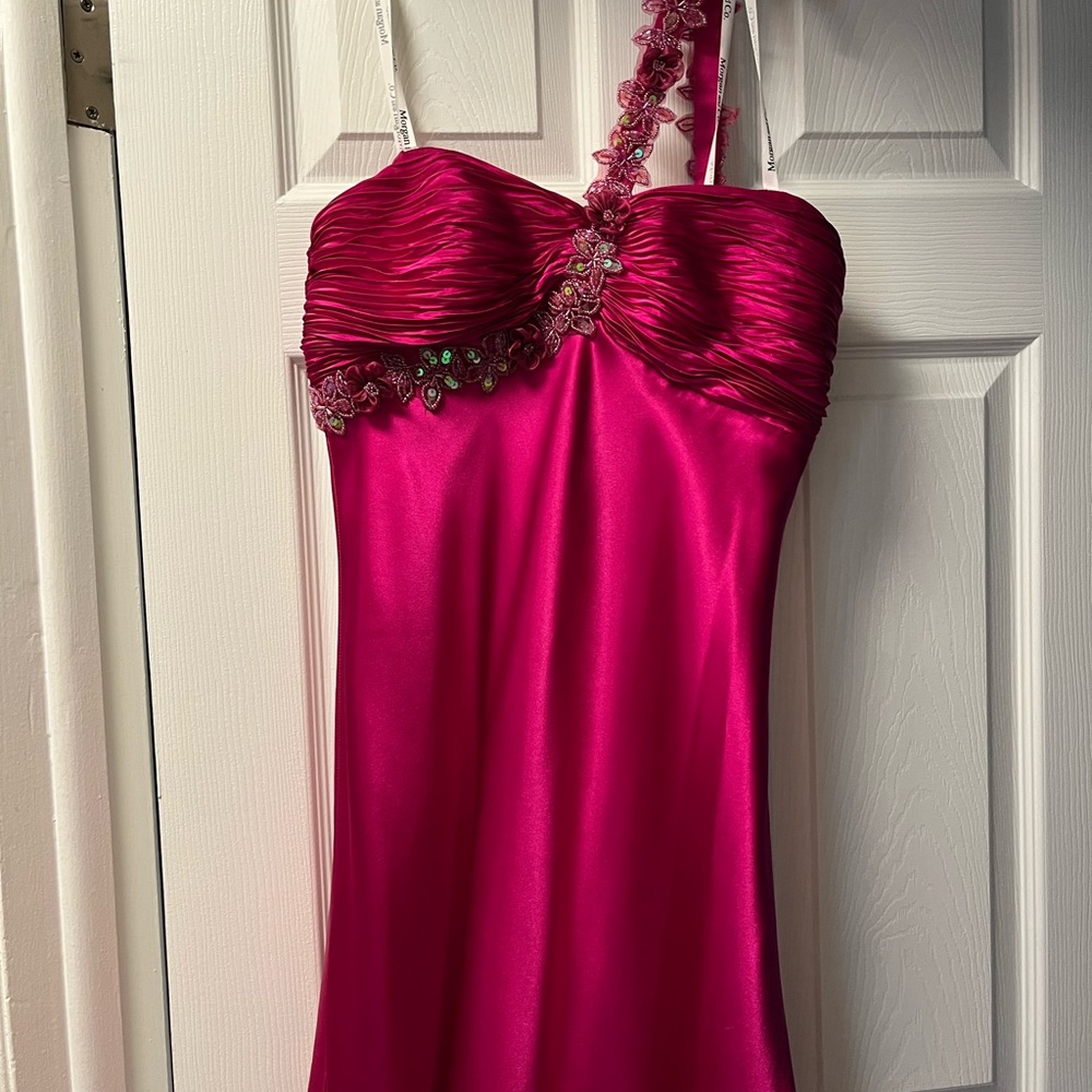 Elegant Pink Satin Dress with Floral Details